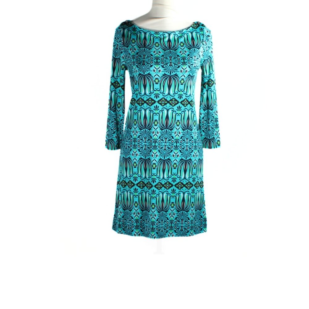 Tory Burch 60s Style Silk Dress XS Floral Abstract Pattern Boat Neckline Easter